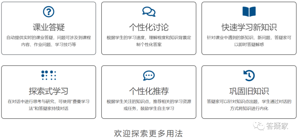 答疑家主要功能:课业答疑,个性化讨论,快速学习新知识,探索式学习,个性化推荐,巩固旧知识